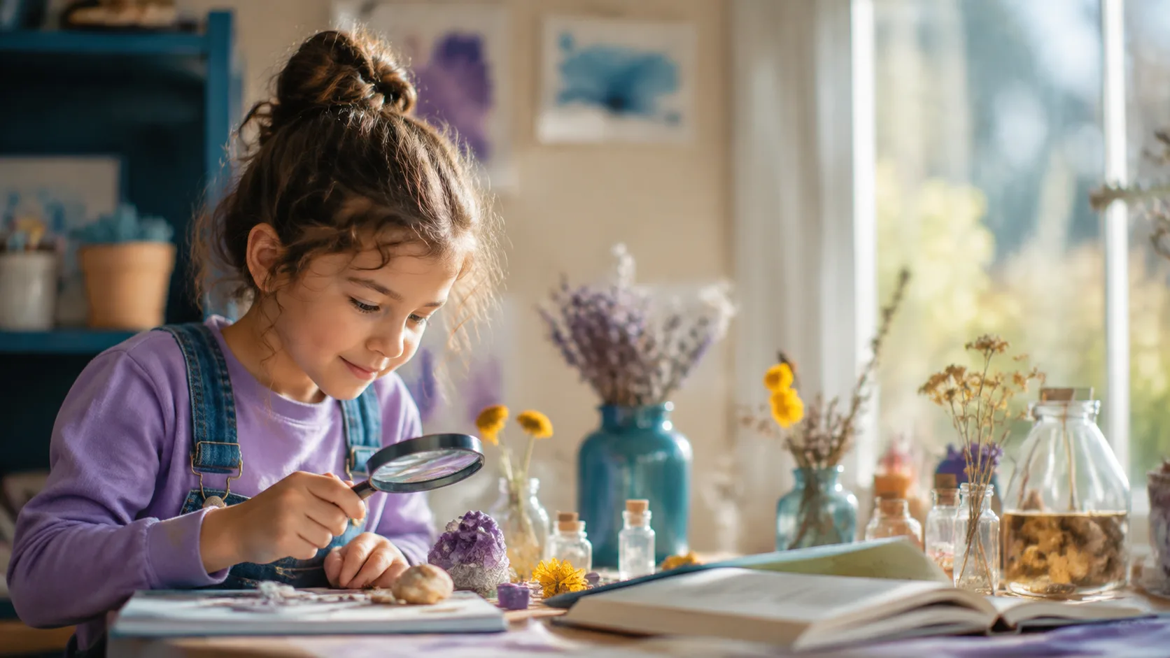 Criança explorando um projeto criativo de ciência e arte